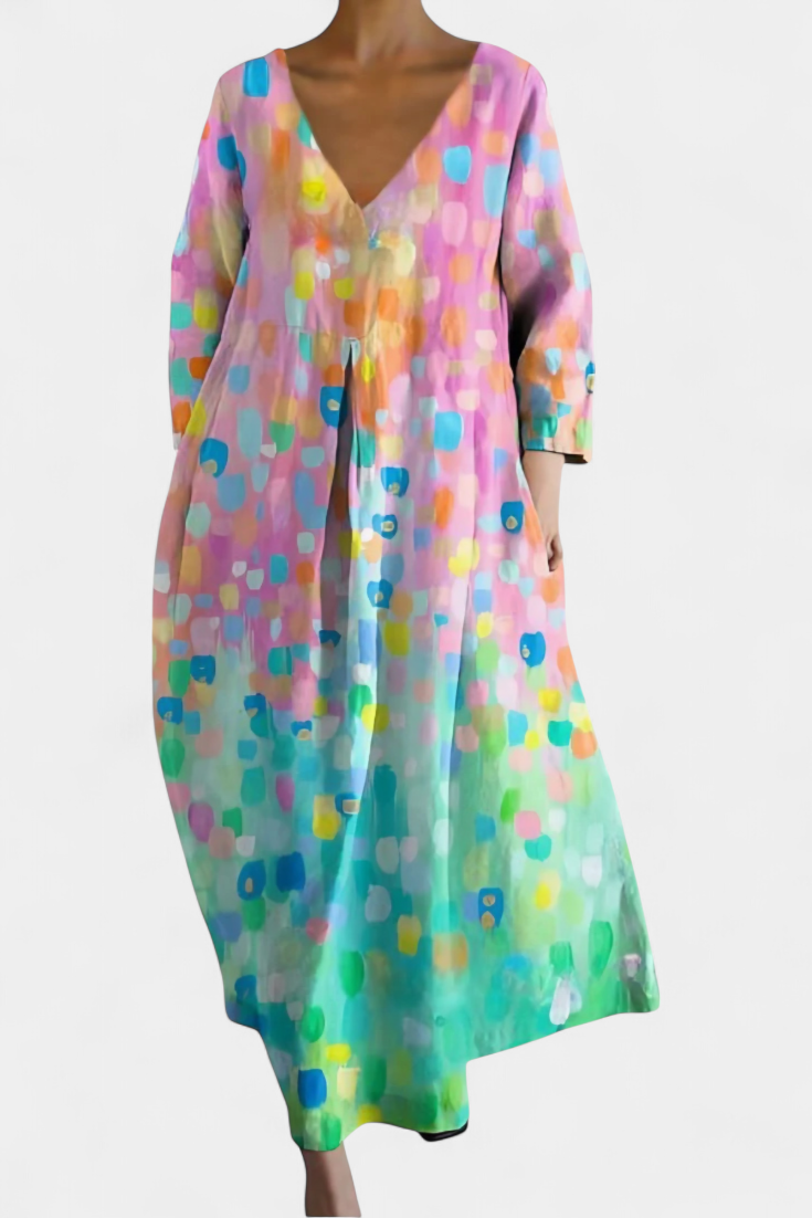 Comfortable women's V-neck flowy summer day dress, ideal for warm weather versatility.