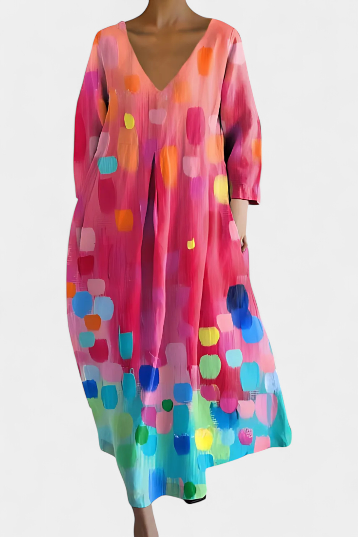 Front view of a versatile women's V-neck flowy summer dress, great for casual or elegant events.