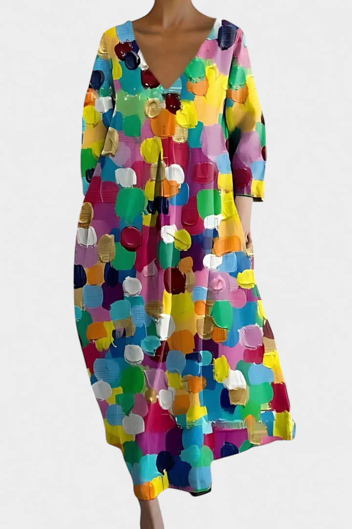 Model wearing a women's V-neck flowy summer dress, designed for comfort and effortless style.