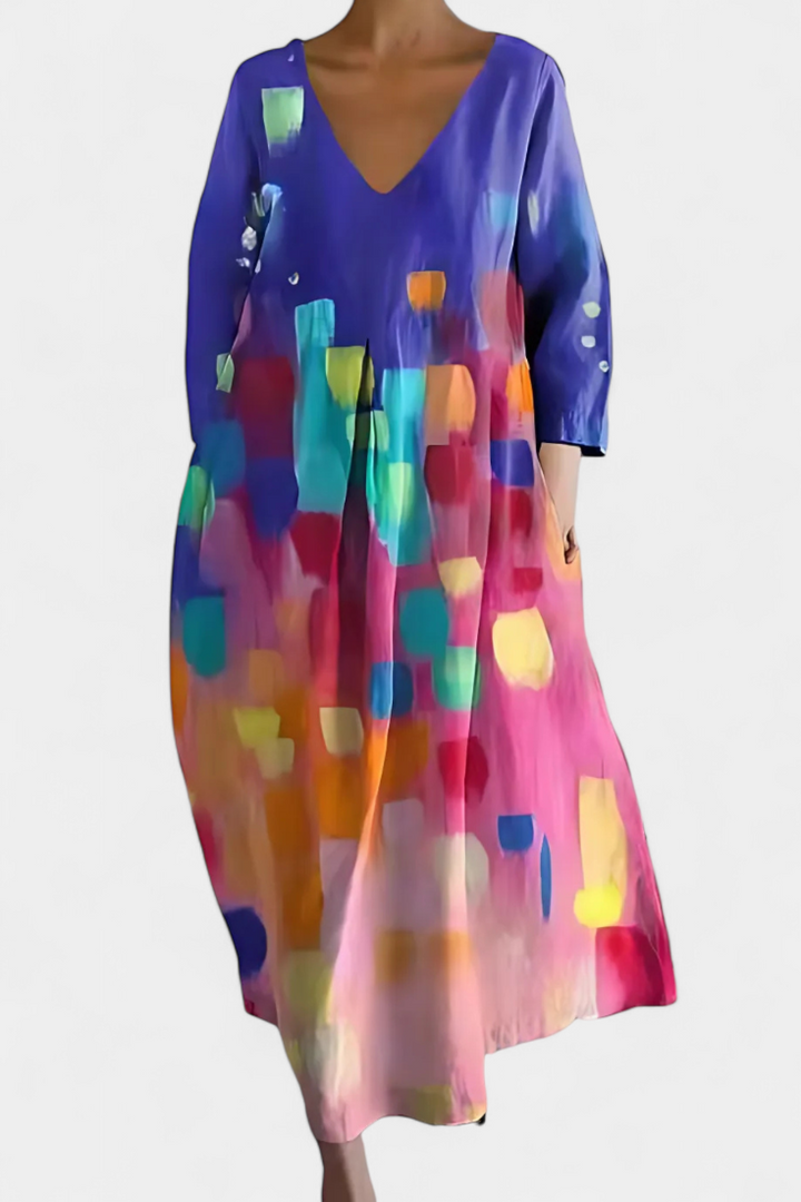 Side view of an elegant women's V-neck flowy midi dress, perfect for beach trips or brunches.