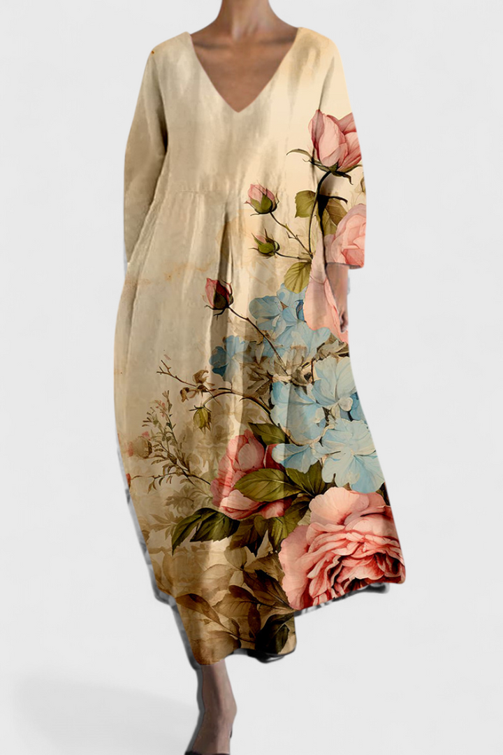 Breathable women's V-neck flowy summer dress, offering a relaxed yet sophisticated look.
