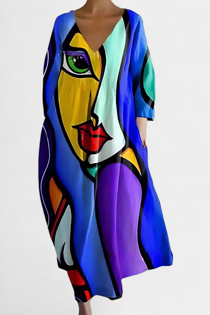 Stylish women's V-neck flowy summer dress, featuring a flattering silhouette and soft fabric.