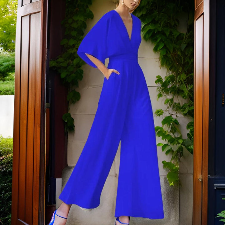 Women's dressy V-neck jumpsuit with three-quarter sleeves, great for parties, formal events, or casual summer.