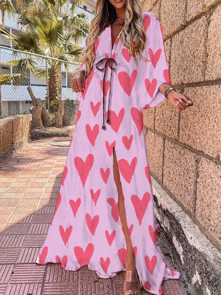 Stunning women's V-neck maxi dress with flowy kimono sleeves & high slit, a versatile elegant evening dress.