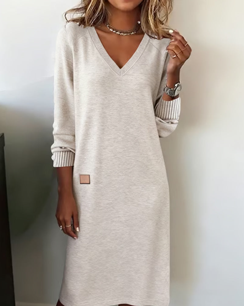 Elegant women's V-neck long sleeve midi dress, perfect for office wear & professional settings.