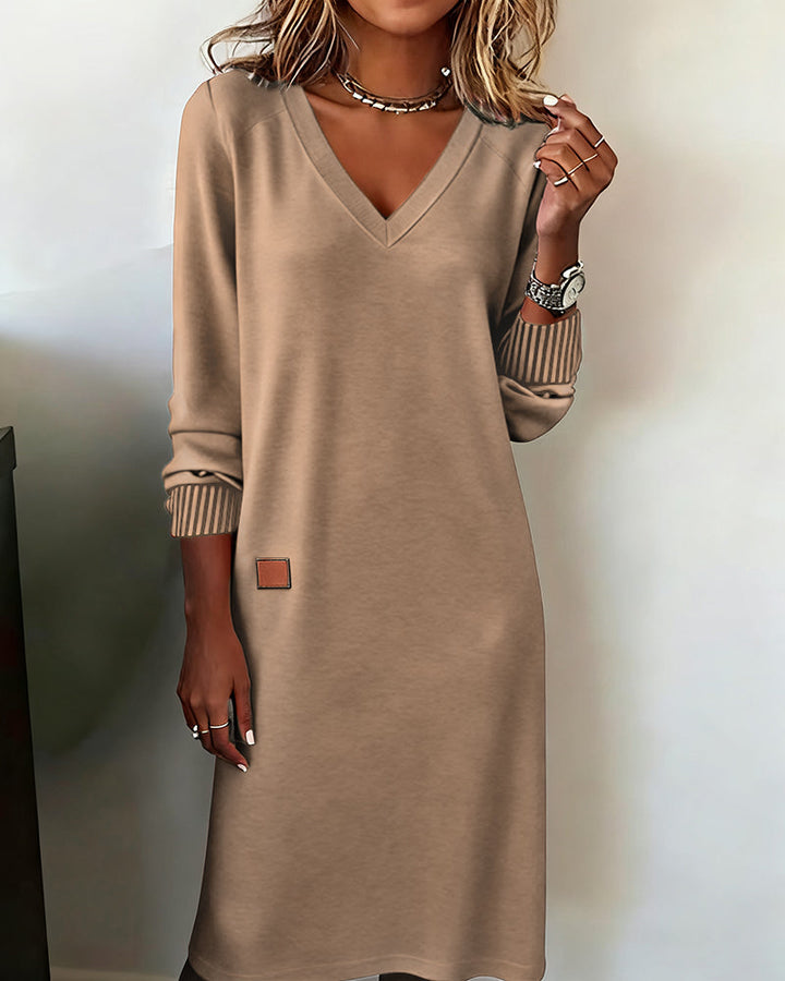 Versatile khaki V-neck long sleeve midi dress for women, an essential piece for fall and winter.