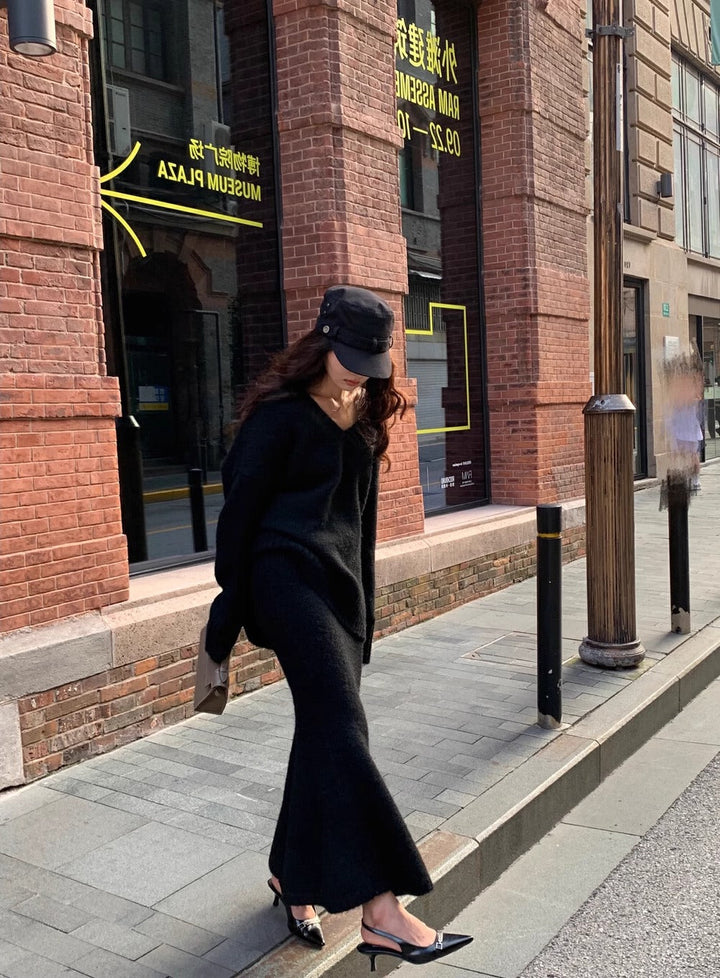 Women's elegant V-neck long sleeve sweater & midi skirt set, perfect brunch outfit. Stylish two-piece ensemble.