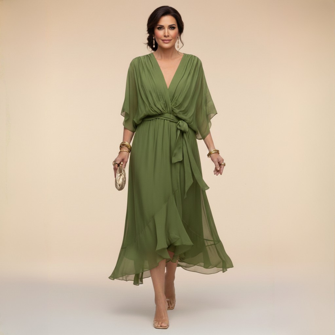 Elegant women's V-neck maxi dress, perfect for evening wear or special occasions. Flowing, comfortable design.