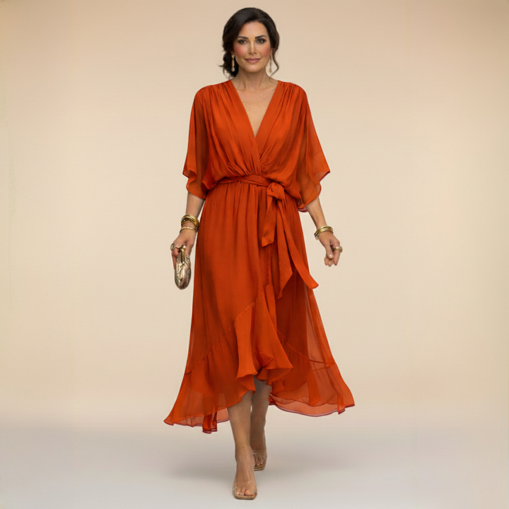 Stylish women's V-neck long maxi dress, flowing and versatile for everyday elegance or special occasions.