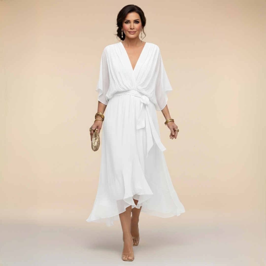 Elegant long V-neck maxi dress for women, ideal for special occasions, evening parties & stylish comfort.