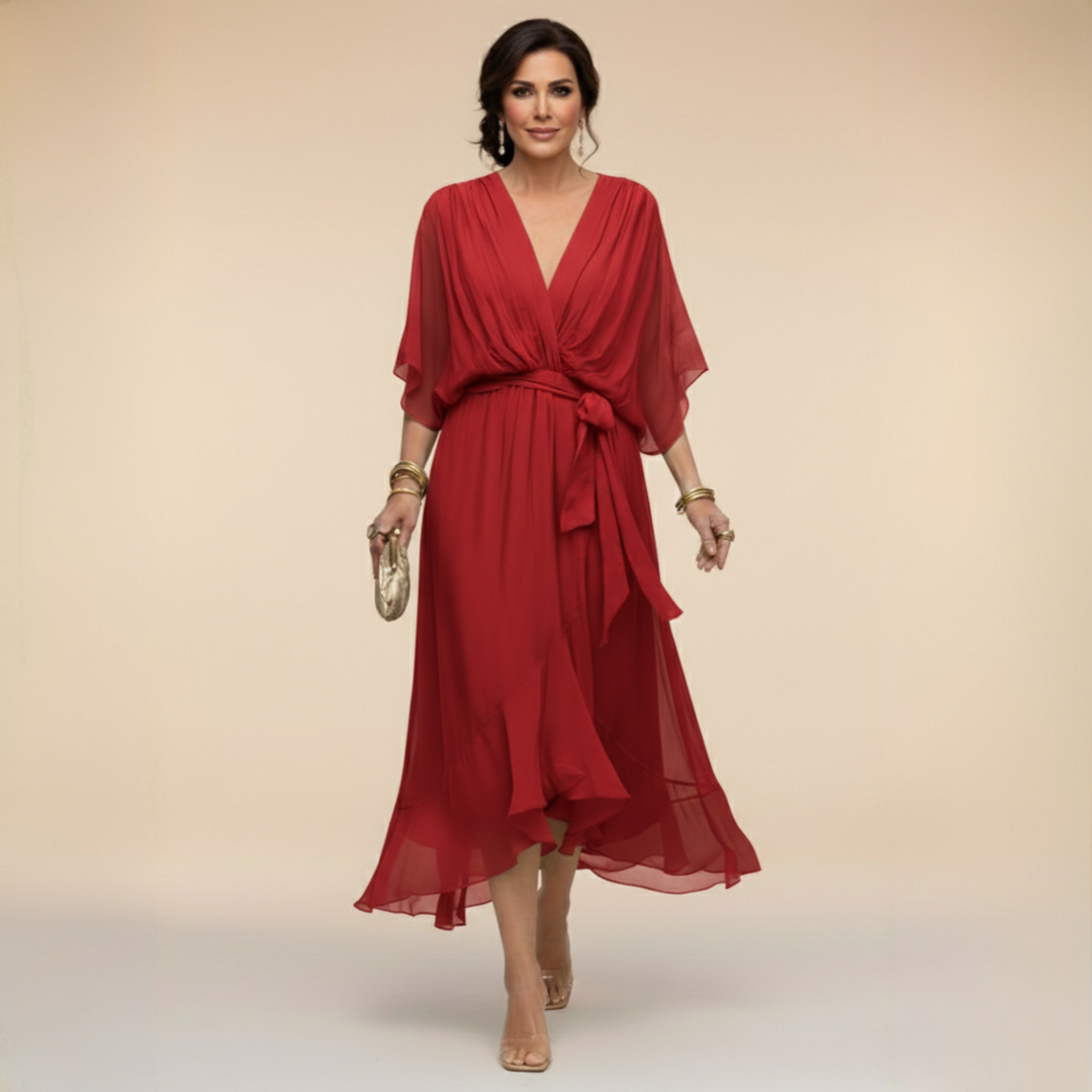 Comfortable & versatile women's V-neck maxi dress, flowing for summer casual wear or dressed up for events.