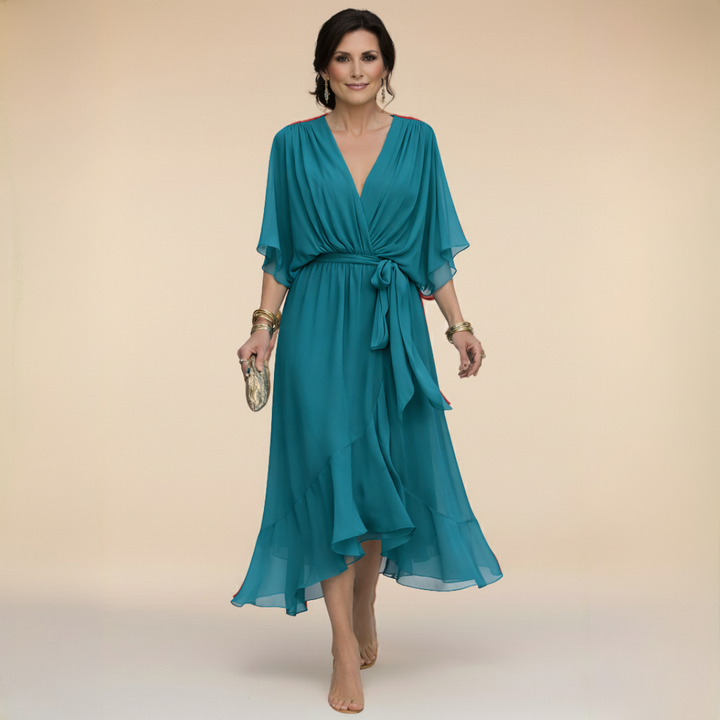 Dressy yet comfortable women's V-neck maxi dress, flowing fabric ideal for special occasions or evening.