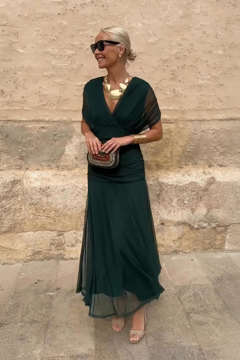 Elegant women's V-neck maxi dress with flutter sleeves, perfect for summer parties & special occasions.