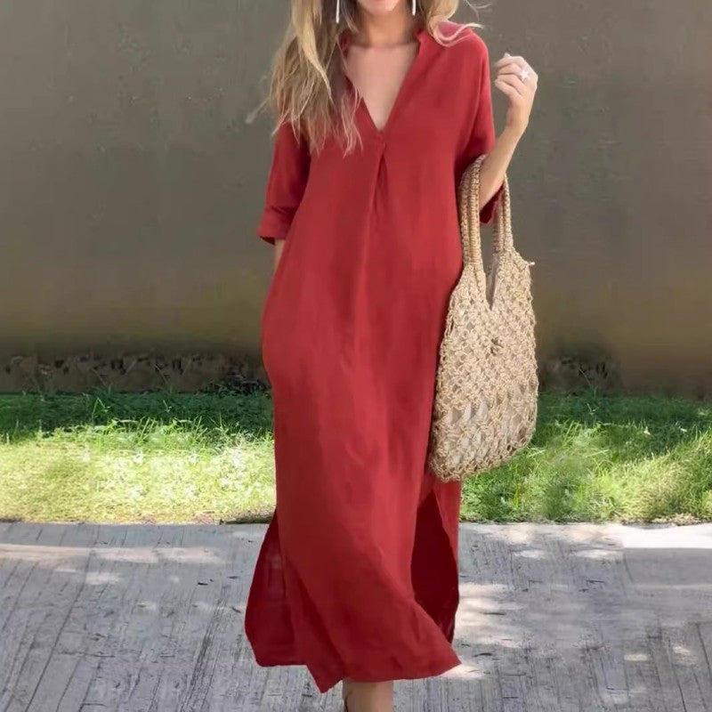 Elegant women's V-neck maxi summer dress with a stylish thigh slit, perfect for vacation or casual wear.