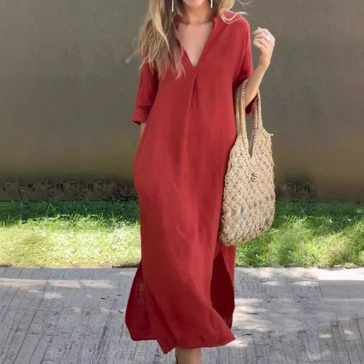 Elegant women's V-neck maxi summer dress with a stylish thigh slit, perfect for vacation or casual wear.