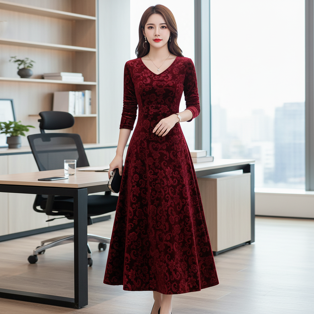 Elegant women's V-neck midi A-line dress, perfect for autumn casual or winter fashion.