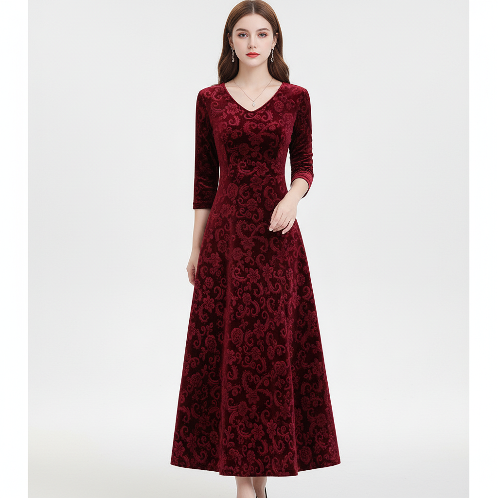 Katharina elegant V-neck midi A-line dress, a stylish long sleeve option for women.