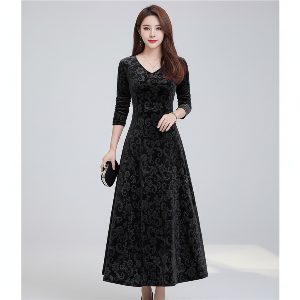Casual yet elegant women's midi dress featuring a V-neck and A-line cut, suitable for winter.