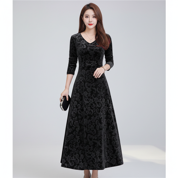 Casual yet elegant women's midi dress featuring a V-neck and A-line cut, suitable for winter.