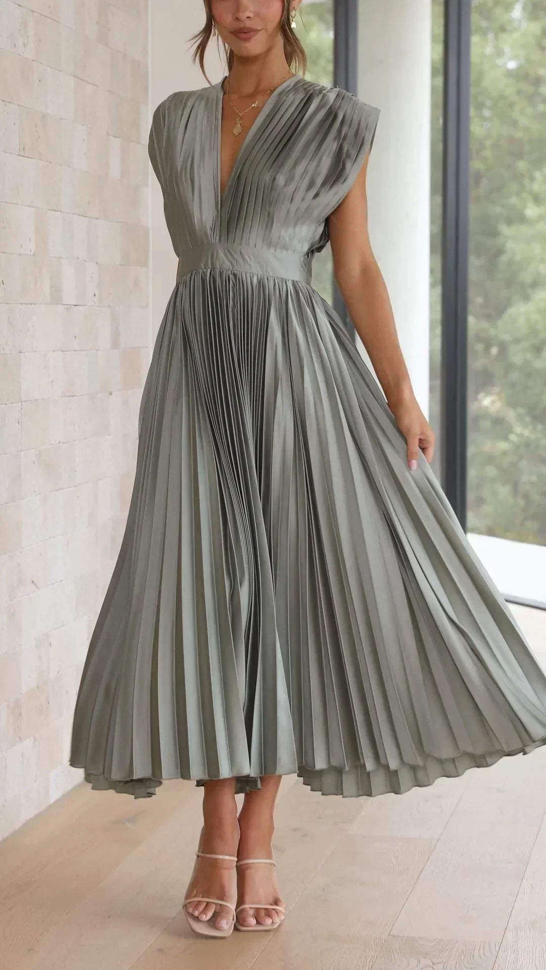 Elegant women's V-neck midi dress with adjustable tie back, perfect for summer evenings & casual chic.