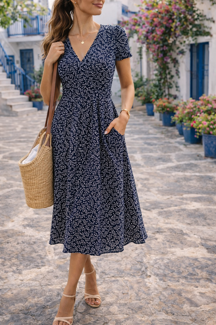 Elegant women's V-neck midi dress with flowing skirt, perfect for spring/summer casual wear.