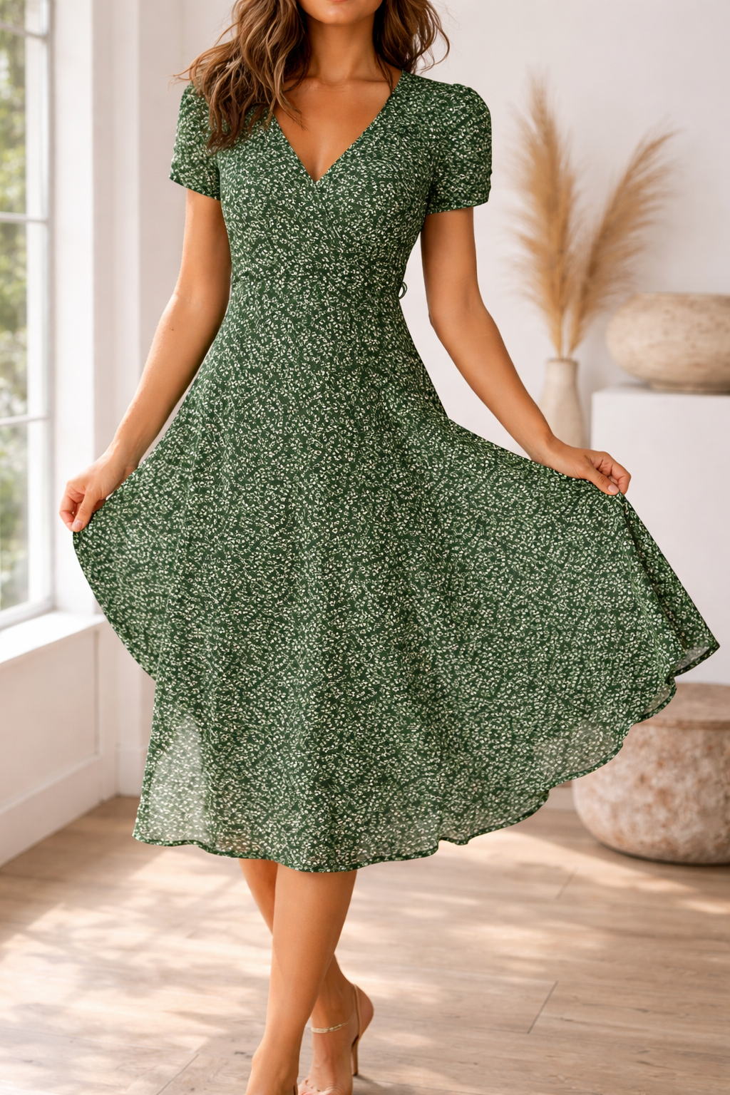 Versatile elegant women's V-neck midi dress. Short sleeve, flowing skirt, ideal for day or casual events.