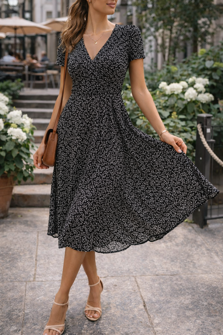 Elegant yet casual women's V-neck midi dress. Flowing skirt and short sleeves make it a versatile day dress.