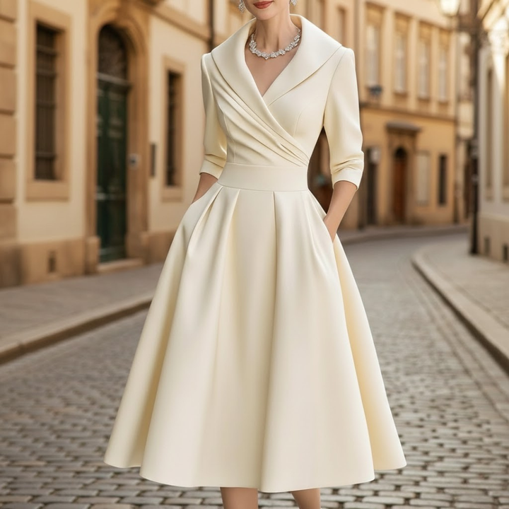 Elegant women's V-neck midi dress with three-quarter sleeves and a flared skirt, perfect for occasion wear.