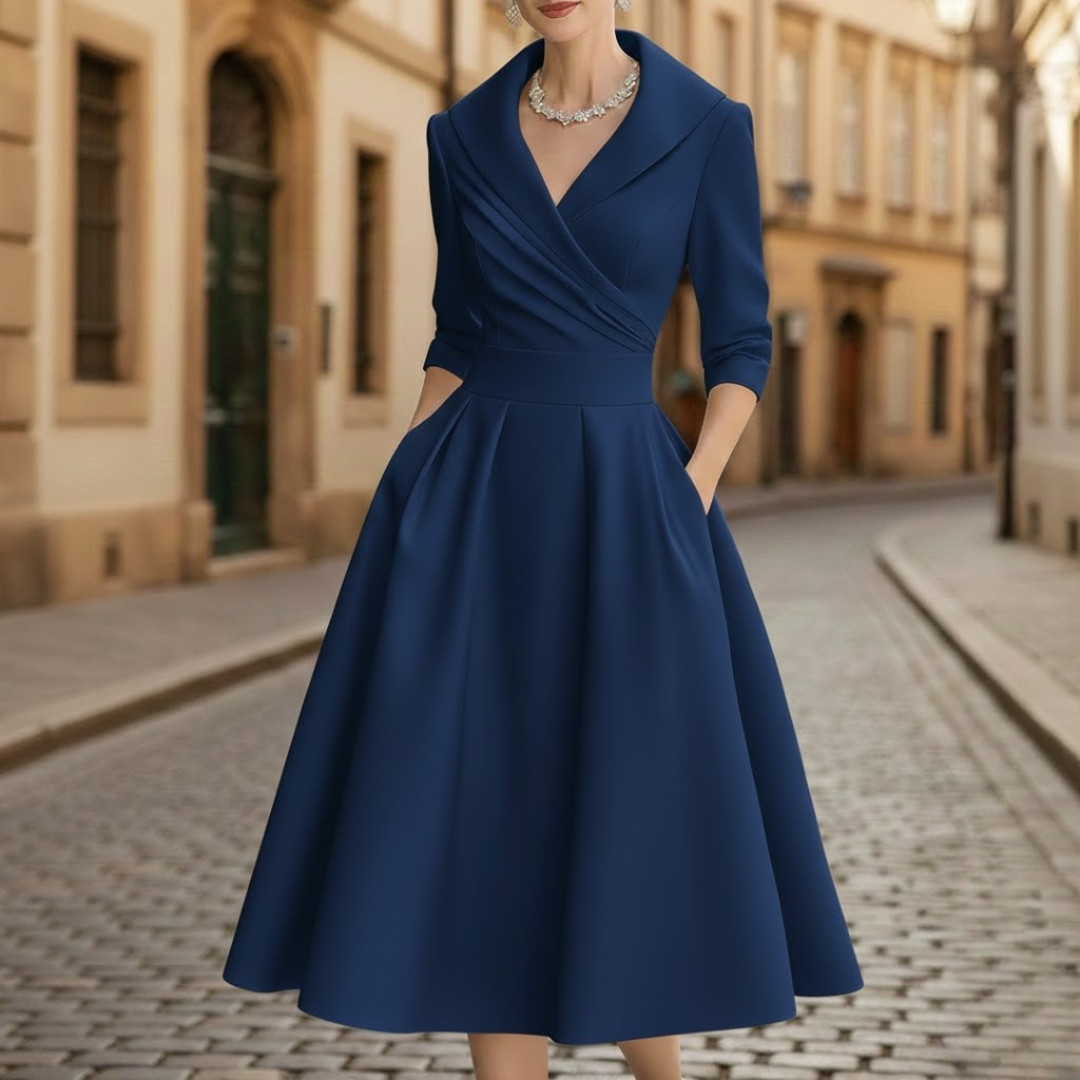 Versatile women's V-neck midi dress with three-quarter sleeves, ideal for formal parties or casual elegance.