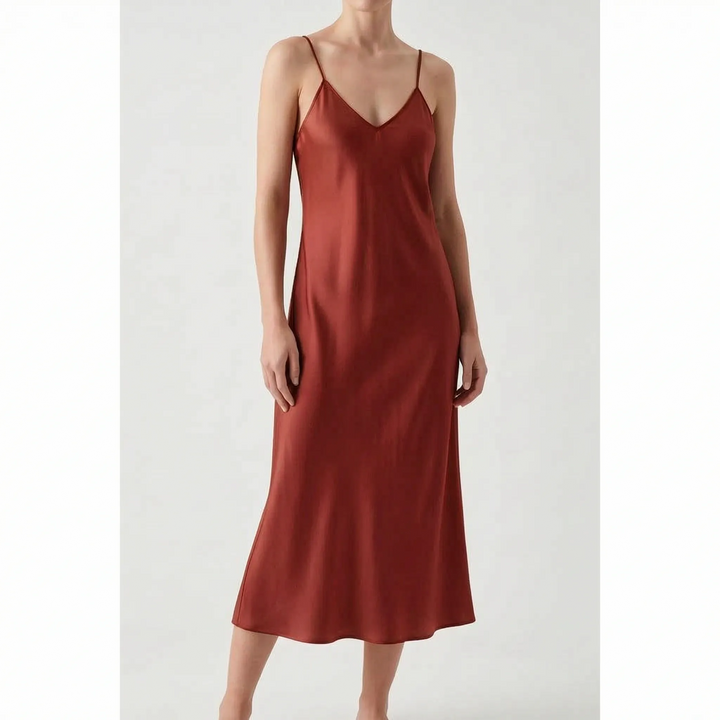 Effortless style with this elegant women's V-neck midi slip dress. Comfortable and chic for any occasion.