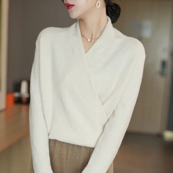 Women's V-neck pullover sweater, a sophisticated cozy knit top for versatile, elegant fall and winter style.