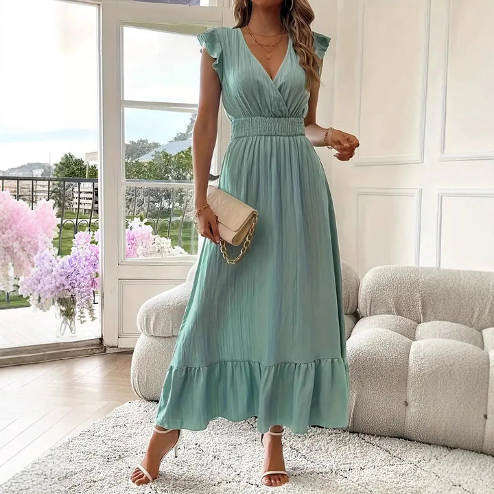 Elegant women's V-neck ruffle trim maxi dress for versatile style.