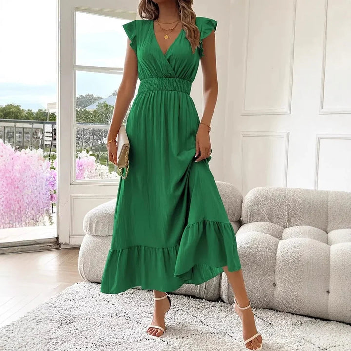 Comfortable women's V-neck ruffle trim maxi dress. An elegant addition to your spring/summer wardrobe.