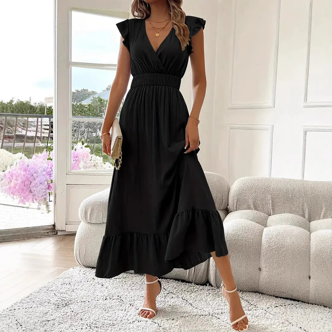 Stylish V-neck ruffle trim maxi dress for women. Perfect for spring, summer, day, or evening wear.