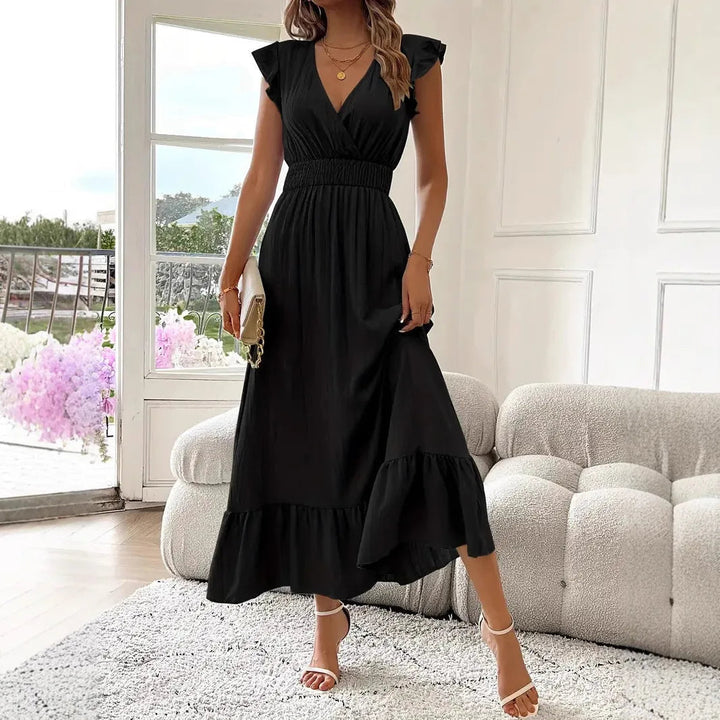 Stylish V-neck ruffle trim maxi dress for women. Perfect for spring, summer, day, or evening wear.