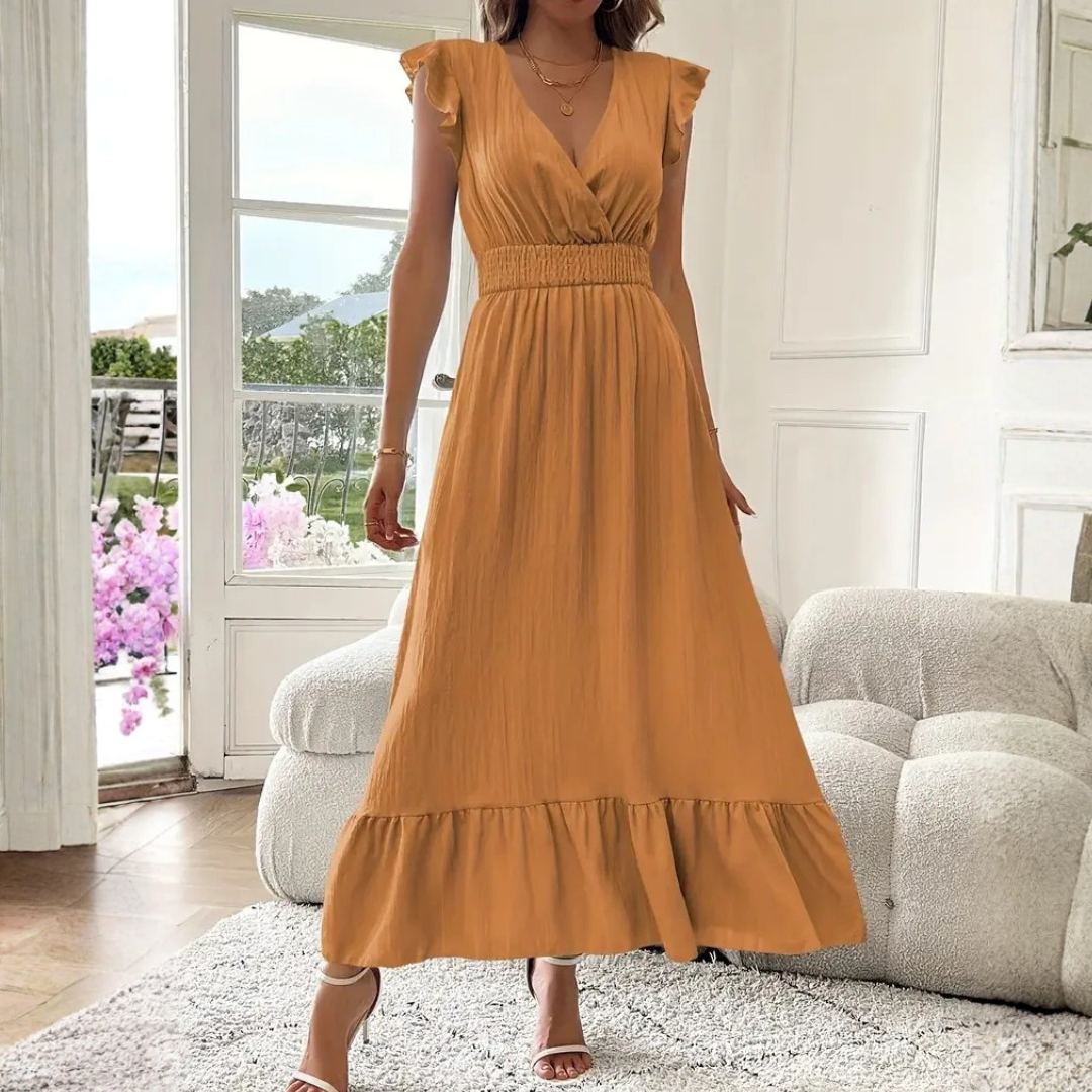 Flowy & comfortable women's V-neck maxi dress with elegant ruffle trim. Ideal for any occasion.
