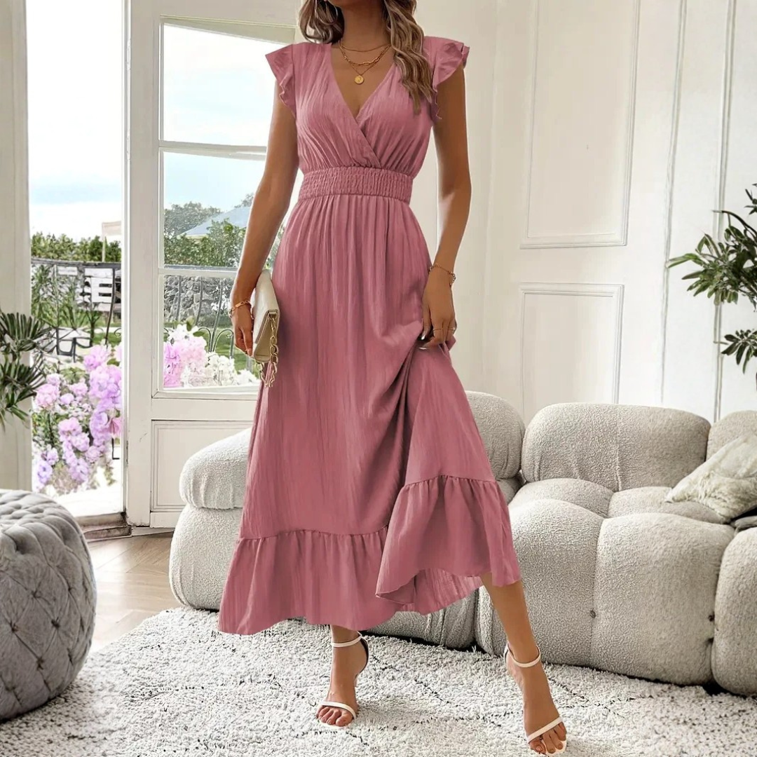 Graceful V-neck maxi dress for women with elegant ruffle details. Perfect for comfortable, flowy style.
