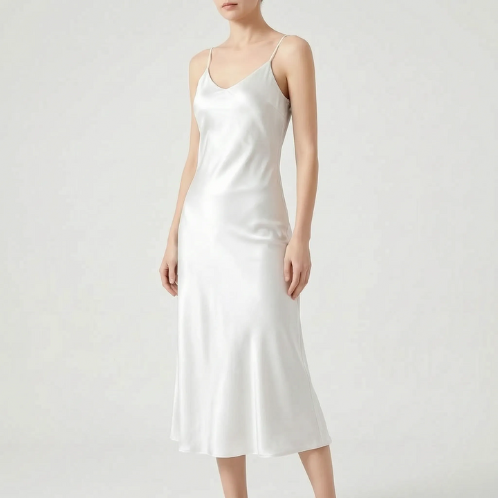 Effortless chic women's V-neck slip midi dress, lightweight & perfect for summer, beach, or casual elegant wear.