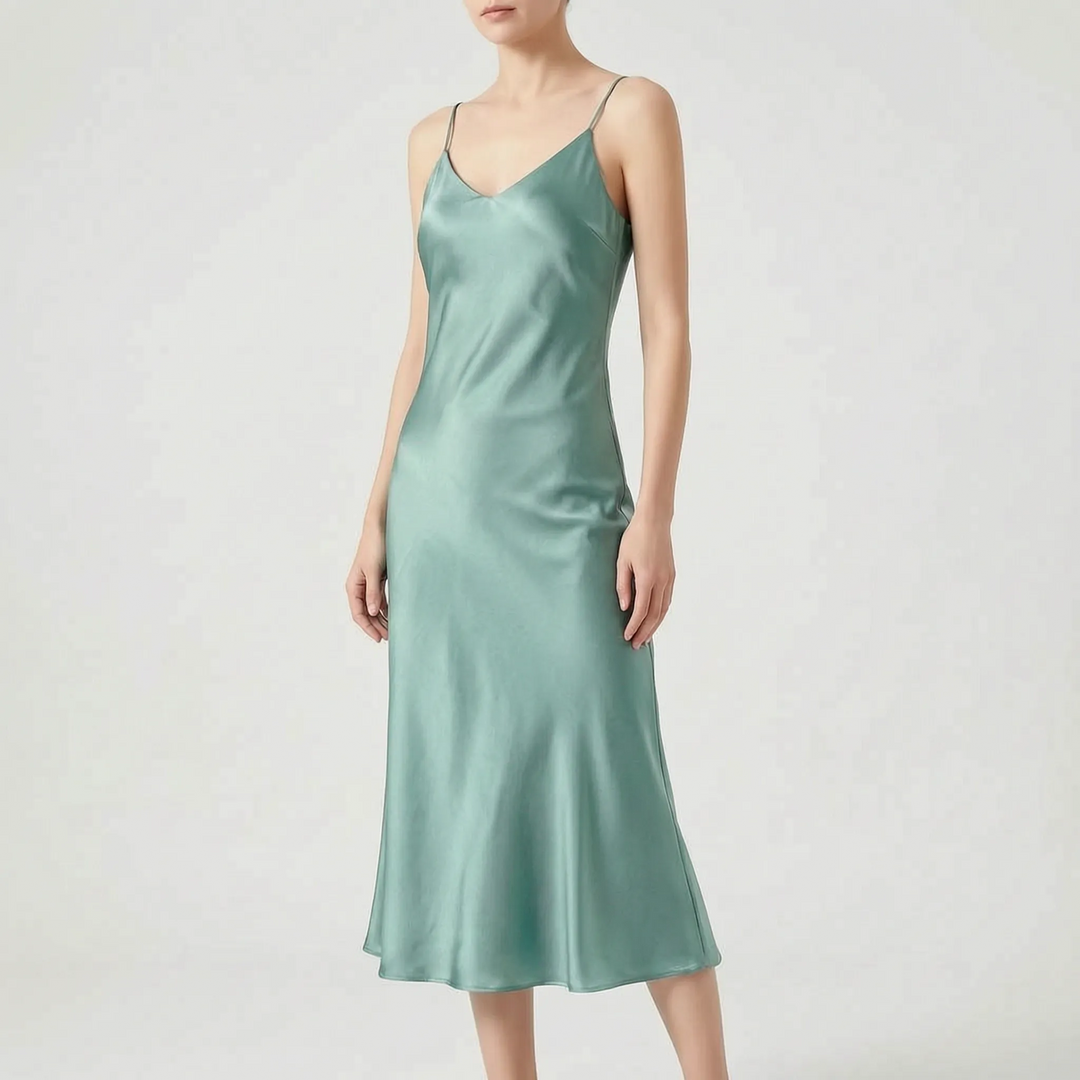 Women's elegant V-neck slip midi dress, perfect evening wear for sophisticated parties and special events.