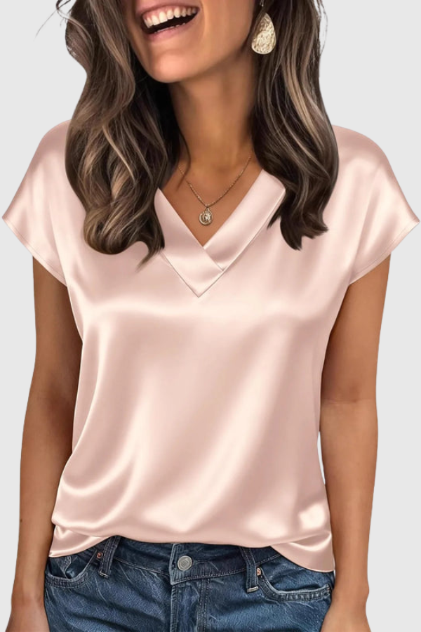 Elegant women's V neck summer blouse, short sleeve & loose fit. Perfect for casual chic or office style.