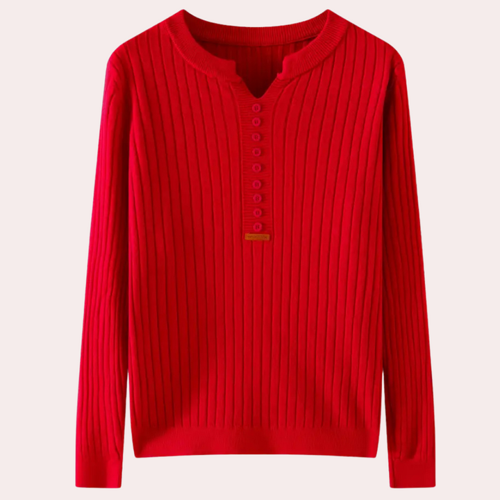 Stylish women's v-neck pullover, a knit top with trendy button details for any season.
