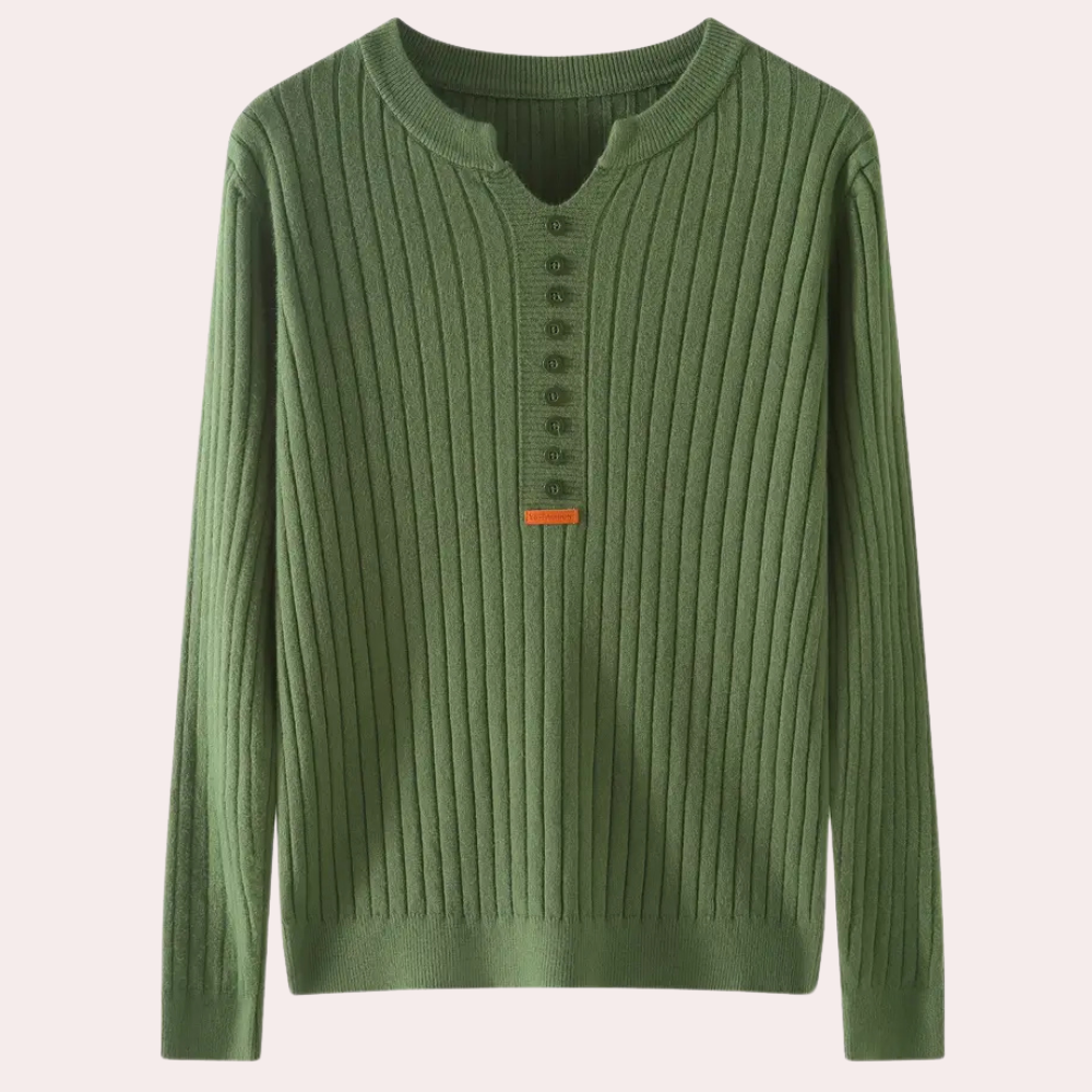 Women's v-neck knit sweater, a versatile pullover top with elegant button accents.