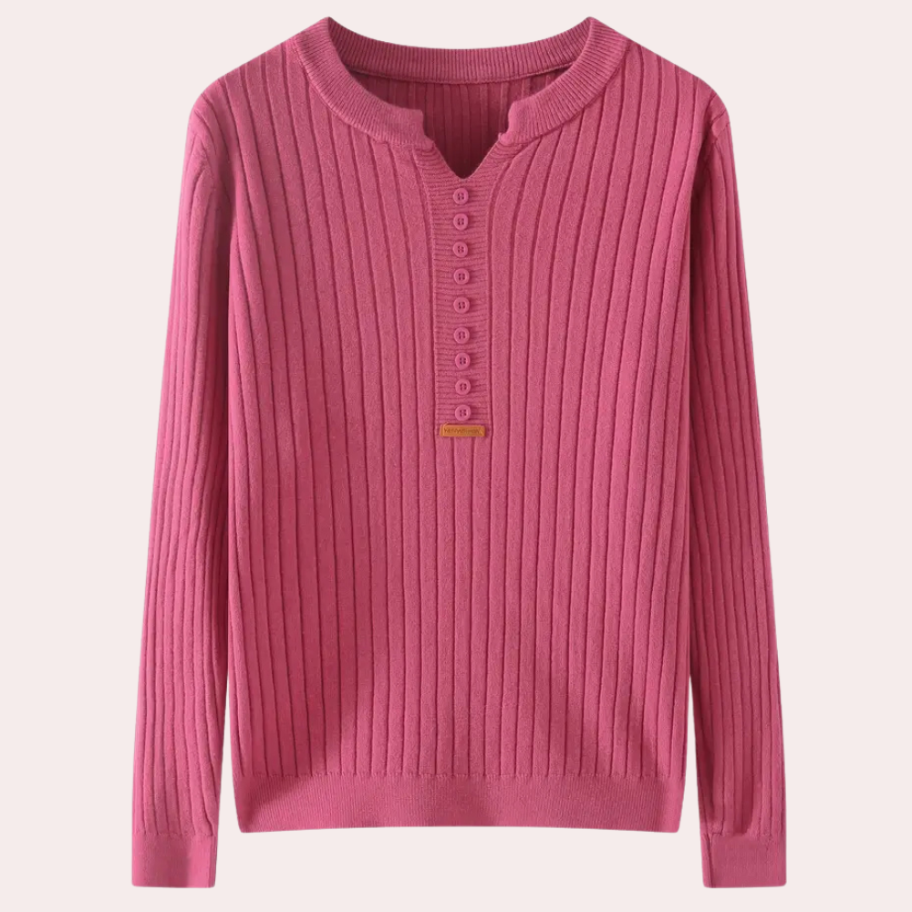 Elegant women's v-neck long sleeve sweater, adorned with chic button details for casual wear.