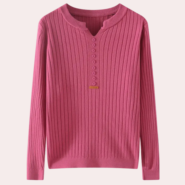 Elegant women's v-neck long sleeve sweater, adorned with chic button details for casual wear.
