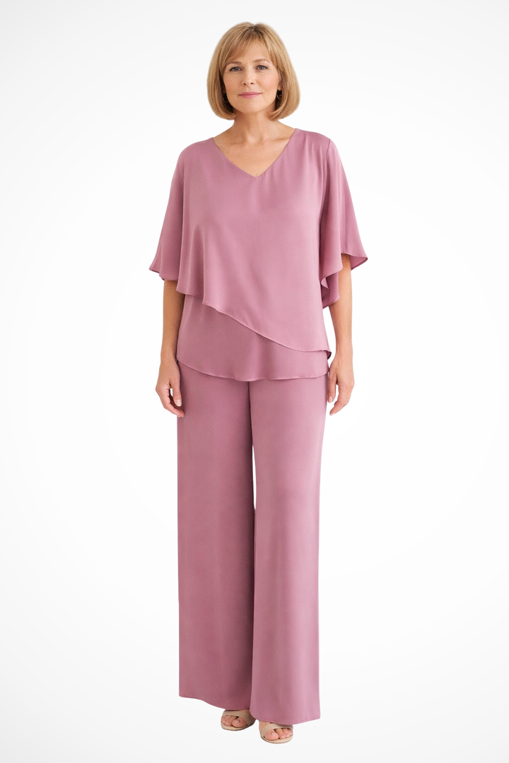 Elegant women's V-neck two-piece set with batwing top & wide leg pants. Co-ord fashion.