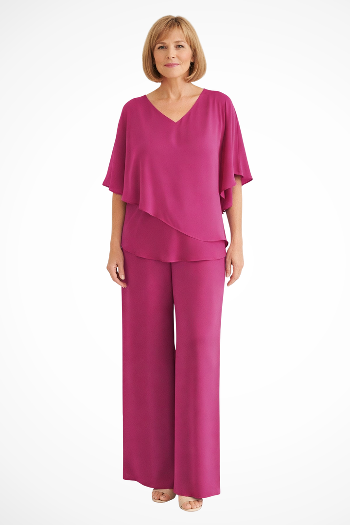 Women's elegant co-ord set: V-neck batwing top & wide leg trousers. Perfect day-to-night outfit.
