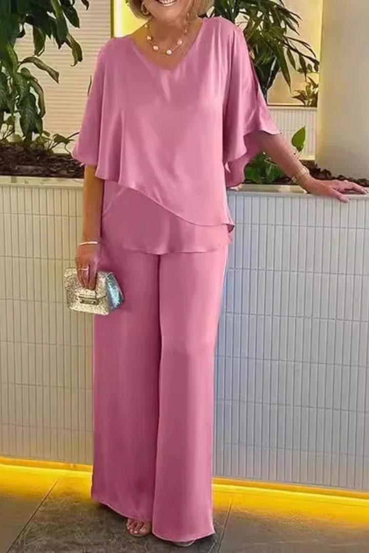Purple elegant V-neck two-piece set, batwing top & wide leg trousers. Versatile women's outfit.