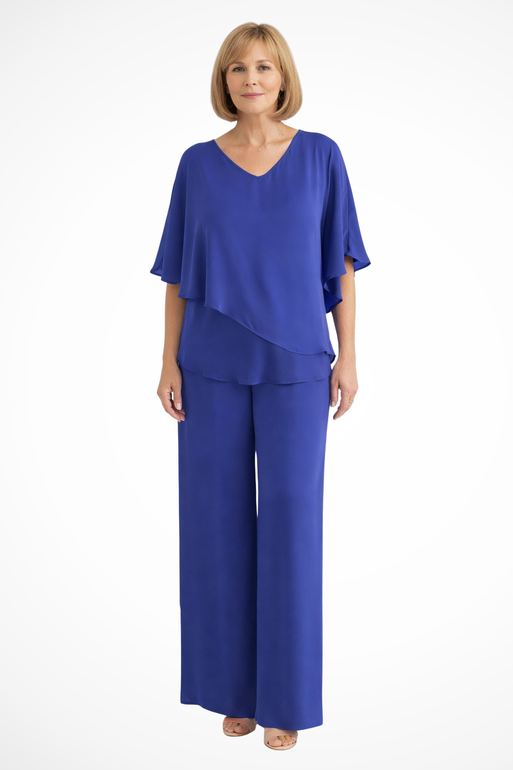 Chic V-neck batwing top and wide-leg pants women's two-piece set. Elegant co-ord fashion.