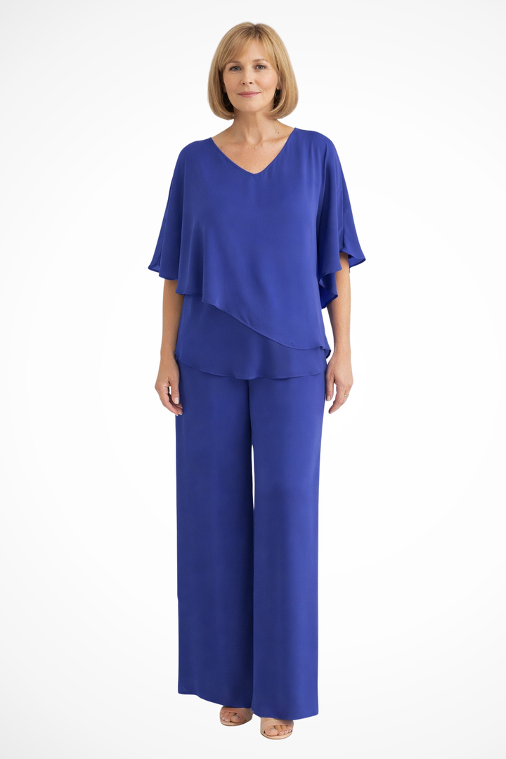 Chic V-neck batwing top and wide-leg pants women's two-piece set. Elegant co-ord fashion.
