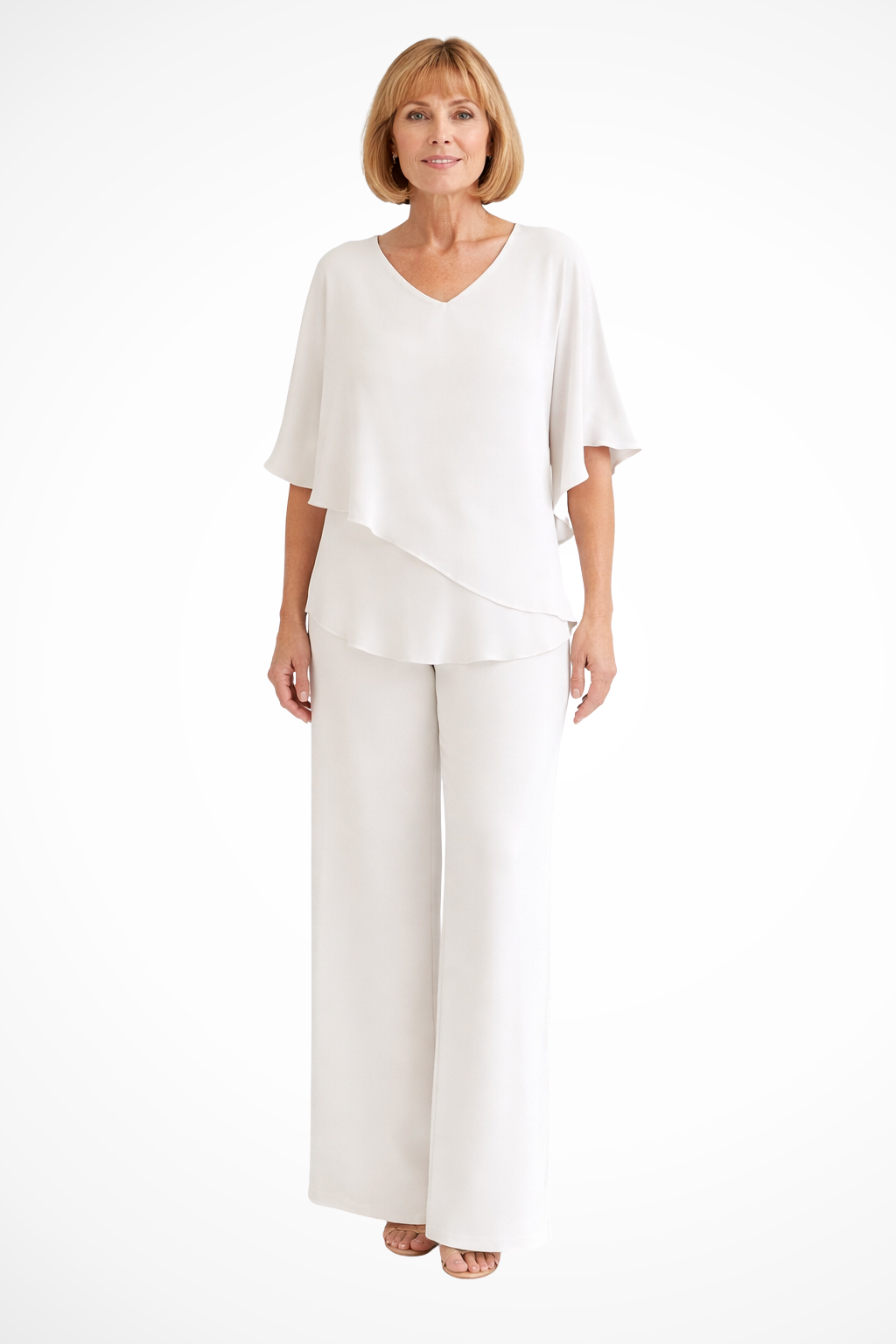 Pink women's elegant V-neck two-piece set with batwing sleeve top & wide leg pants.